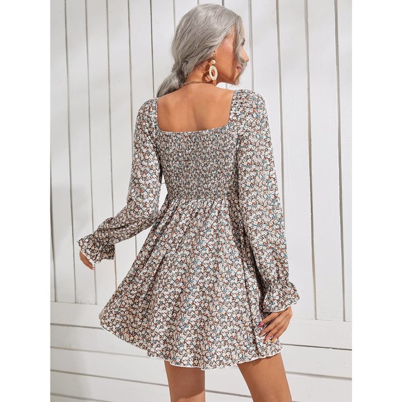 Boho Floral Shirred Bodice Square Neck long sleeve Dress - Picture 2 of 5